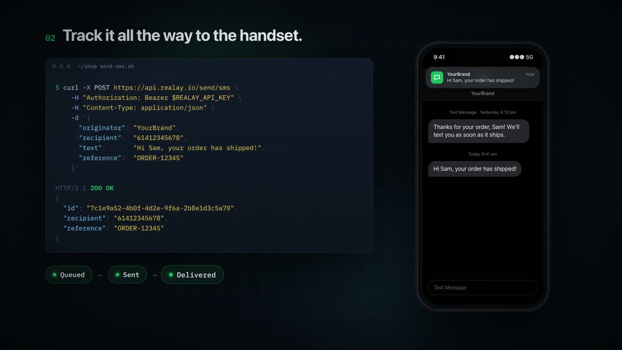A curl request to the realay API next to a phone receiving the SMS, with the status moving from queued to delivered